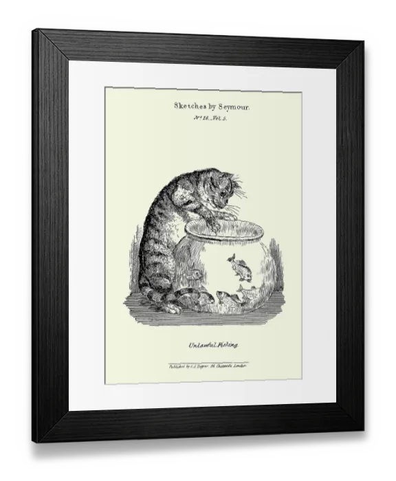 Framed Print : A cat pawing at goldfish in a bowl Framed Print : A cat pawing at goldfish in a bowl