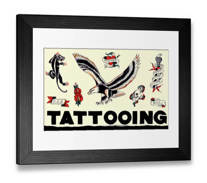 Framed Print : Tattooing. Hand drawn tattoo parlor sign by Merle K Framed Print : Tattooing. Hand drawn tattoo parlor sign by Merle K