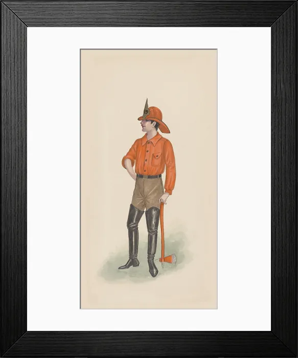 Framed Print : Firemen. Theatrical costume of a firefighter for a play in New York City Framed Print : Firemen. Theatrical costume of a firefighter for a play in New York City