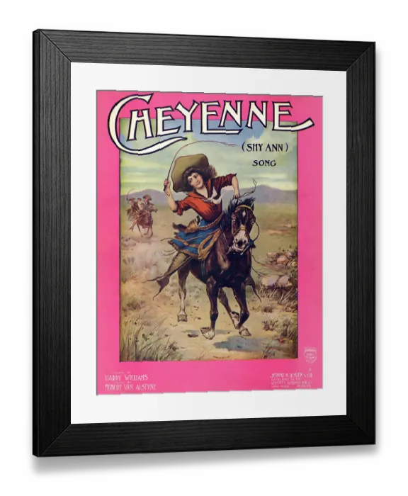 Framed Print : Cheyenne. Sheet music cover art of a cowgirl racing across the prairie