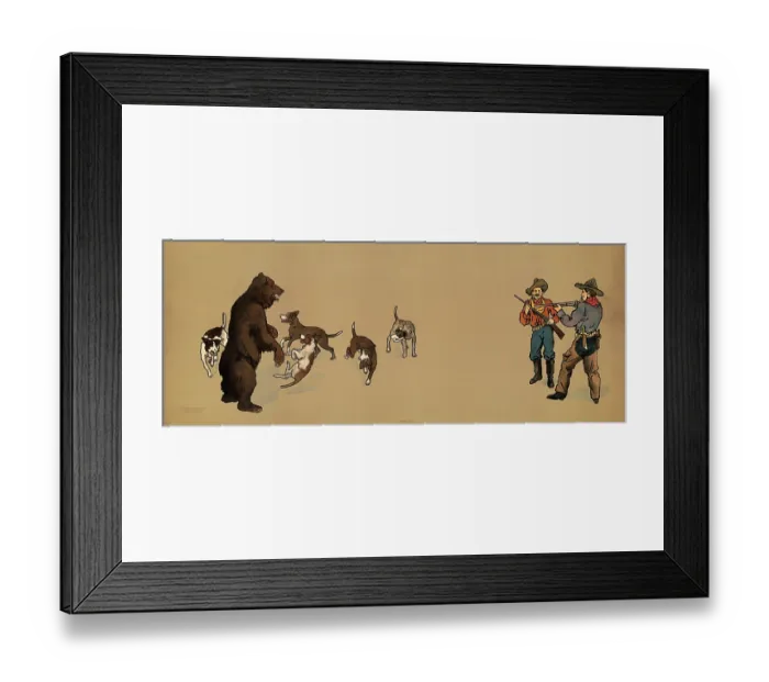 Framed Print : Bear Hunt. A print showing two cowboys hunting a bear with a pack of dogs Framed Print : Bear Hunt. A print showing two cowboys hunting a bear with a pack of dogs