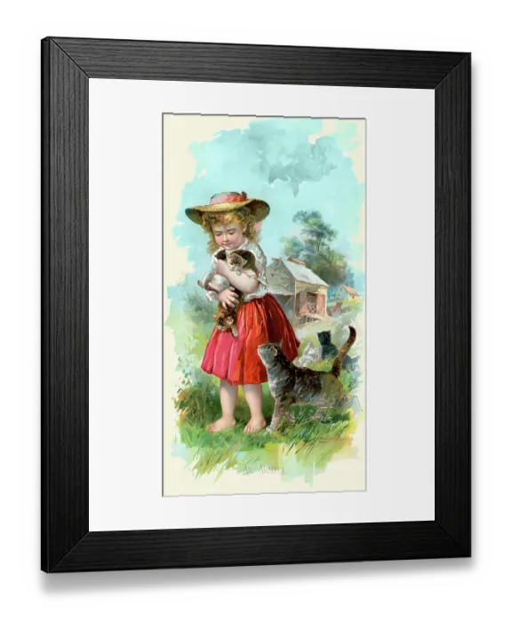 Framed Print : An Armful. Little girl tries holding squirming kittens Framed Print : An Armful. Little girl tries holding squirming kittens