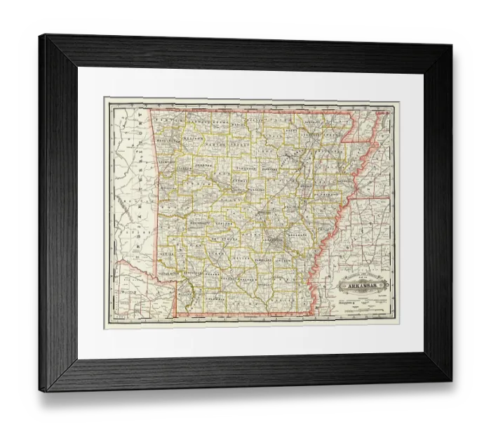 Framed Print : Railroad and county map of Arkansas Framed Print : Railroad and county map of Arkansas