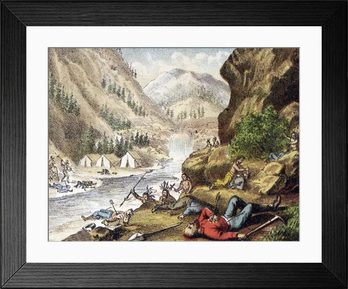 Framed Print : Indian attack miners on the river Framed Print : Indian attack miners on the river