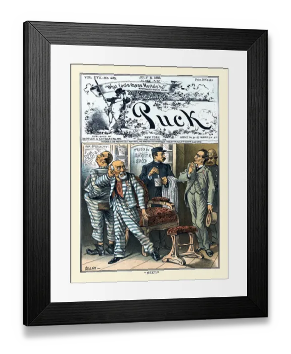 Framed Print : Next!. Illustration shows a view inside a 'Prison Barber-Shop' with two Framed Print : Next!. Illustration shows a view inside a 'Prison Barber-Shop' with two