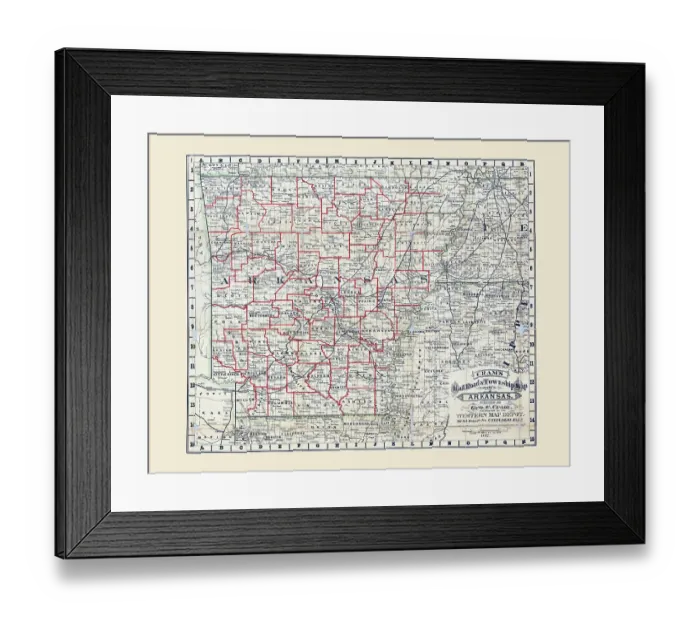 Framed Print : Cram's rail road & township map of Arkansas. 1882