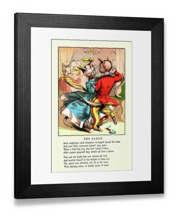 Framed Print : The Dance. Illustrated page from the book 'The cats party' from 1869 by McLoughlin Bros Framed Print : The Dance. Illustrated page from the book 'The cats party' from 1869 by McLoughlin Bros