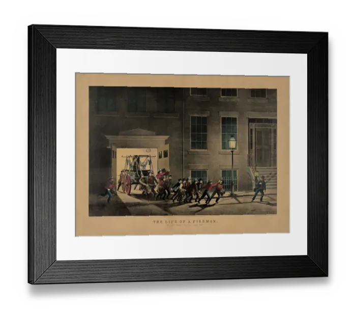 Framed Print : The life of a fireman: the night alarm--'start her lively boys