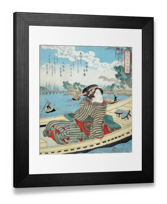 Framed Print : Water Scene with woman ina row boat, resting and having taken her shoes off Framed Print : Water Scene with woman ina row boat, resting and having taken her shoes off