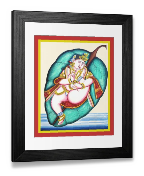 Framed Print : Baby Krishna lies on a banyan leaf Framed Print : Baby Krishna lies on a banyan leaf
