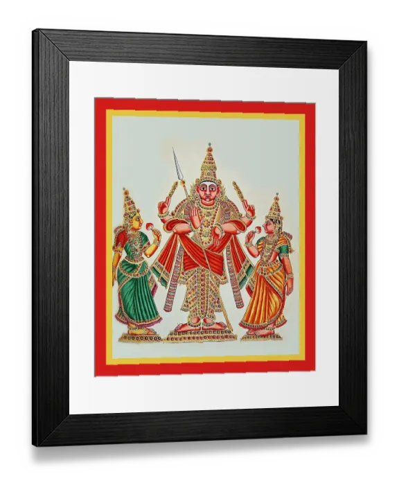 Framed Print : Subrahmanya flanked by the goddess Devasena and Vall Framed Print : Subrahmanya flanked by the goddess Devasena and Vall