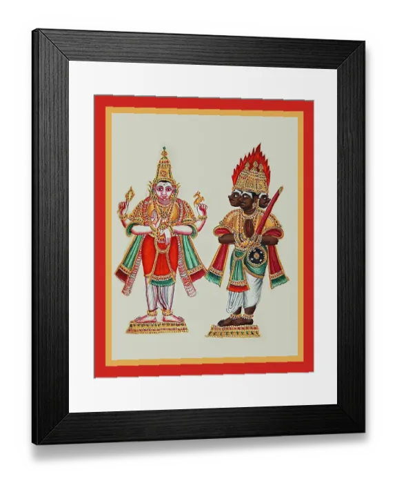 Framed Print : Shiva and Trishiras stand on low pedestals