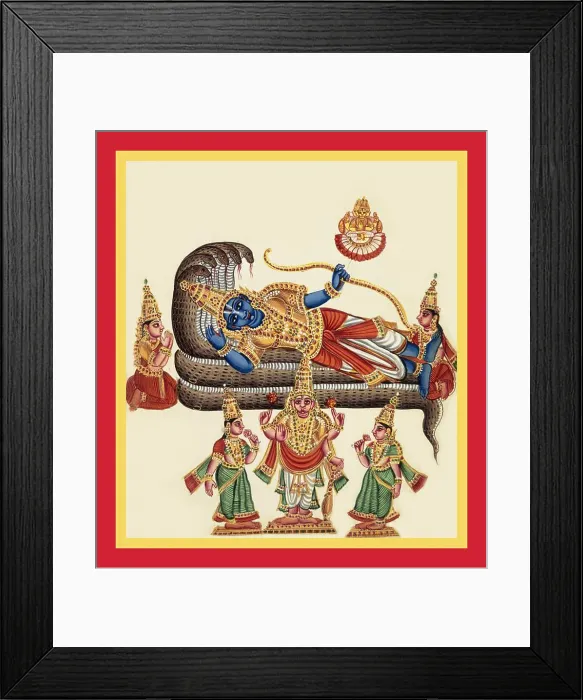 Framed Print : Vishnu reclines on the coils of the five-hooded Shesha Framed Print : Vishnu reclines on the coils of the five-hooded Shesha