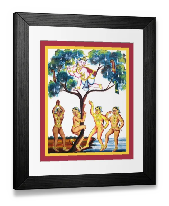 Framed Print : Krishna hiding in a tree on a river bank Framed Print : Krishna hiding in a tree on a river bank