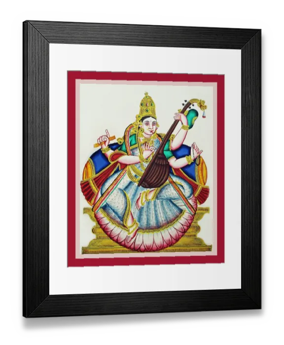 Framed Print : Sarasvatī sits in lalitasana on a lotus flower Framed Print : Sarasvatī sits in lalitasana on a lotus flower
