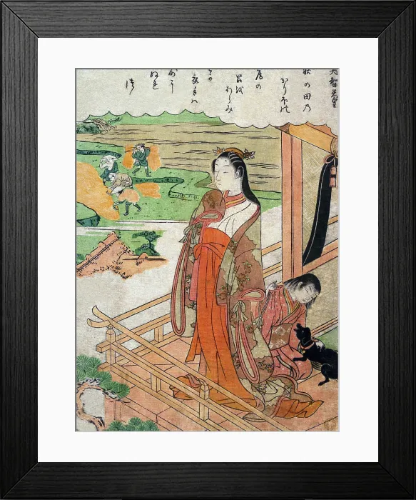Framed Print : Men harvest rice, child pets dog, woman shows sympathy Framed Print : Men harvest rice, child pets dog, woman shows sympathy