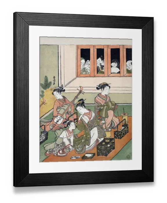 Framed Print : Men in window watch over picnicking girls Framed Print : Men in window watch over picnicking girls