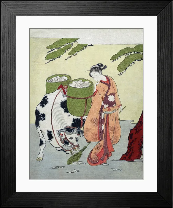 Framed Print : Woman sweeps up her love letter and puts them in baskets on a cow Framed Print : Woman sweeps up her love letter and puts them in baskets on a cow