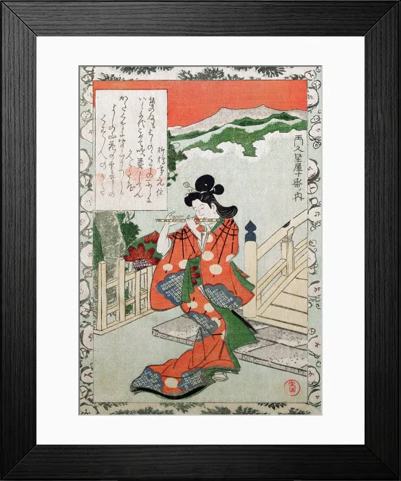 Framed Print : Youg Woman plays a flute by a bridge