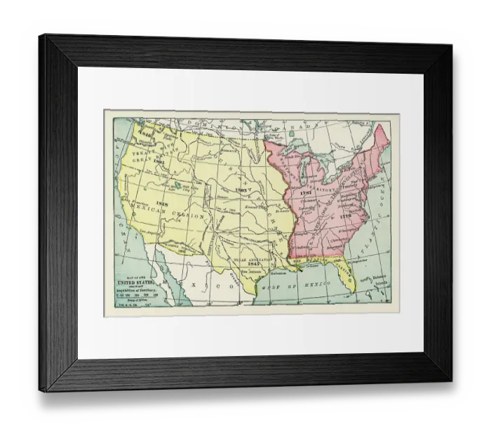 Framed Print : Map Showing The Acquisition Of Territory Of The United States Framed Print : Map Showing The Acquisition Of Territory Of The United States