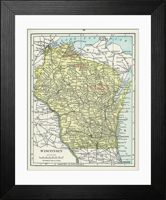 Framed Print : Map Of Wisconsin