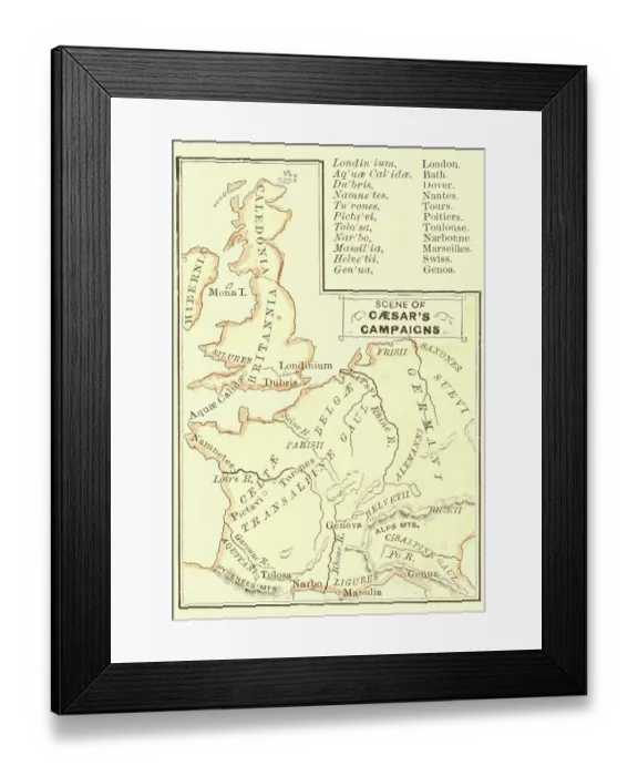 Framed Print : Map Shows Scene Of Caesar's Campaigns Framed Print : Map Shows Scene Of Caesar's Campaigns