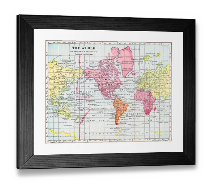 Framed Print : Map Of The World On Mercator's Projection Framed Print : Map Of The World On Mercator's Projection