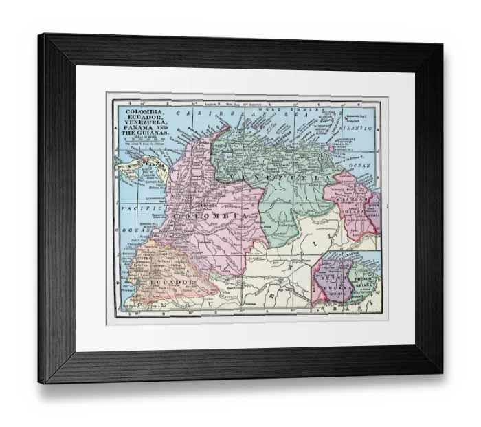 Framed Print : Map Of Colombia, Ecuador, Venezuela, Panama, And The Guianas Framed Print : Map Of Colombia, Ecuador, Venezuela, Panama, And The Guianas