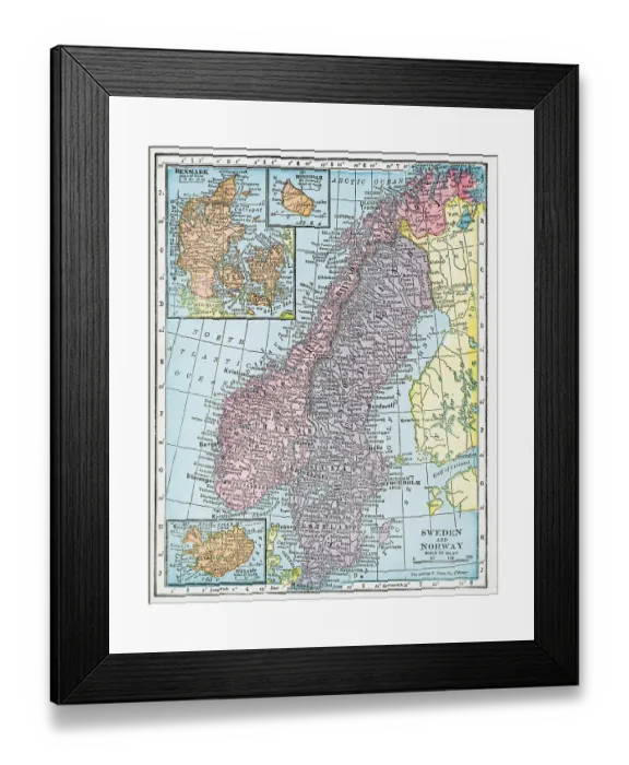 Framed Print : Map Of Sweden, Norway, Denmark, And Iceland Framed Print : Map Of Sweden, Norway, Denmark, And Iceland