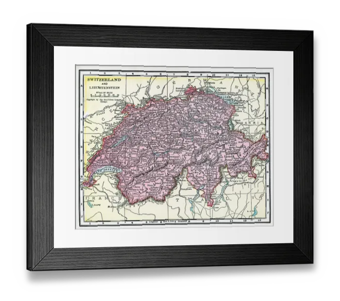 Framed Print : Map Of Switzerland And Liecthenstein Framed Print : Map Of Switzerland And Liecthenstein