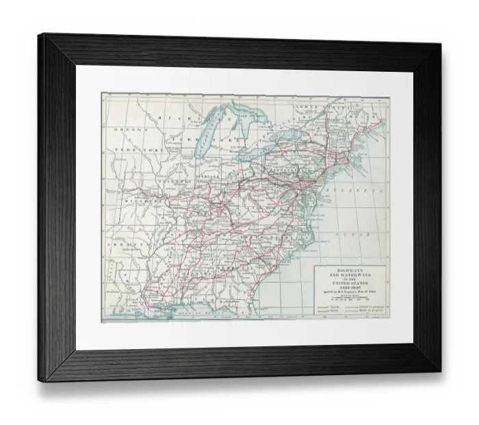 Framed Print : Map Of Highways & Waterways In The United States, 1826 - 1830