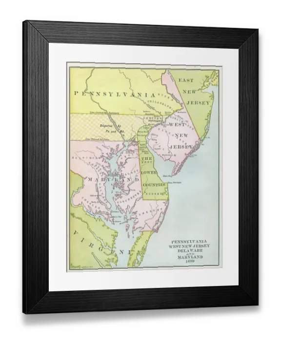 Framed Print : Map Of Pennsylvania, West New Jersey, Delaward, & Maryland, 1689 Framed Print : Map Of Pennsylvania, West New Jersey, Delaward, & Maryland, 1689