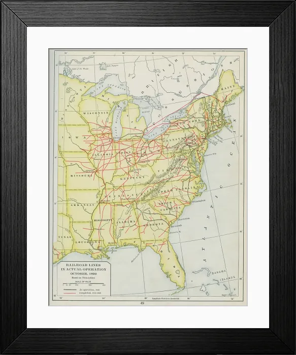 Framed Print : Map Of Railroad Lines In Actual Operation, October 1860 Framed Print : Map Of Railroad Lines In Actual Operation, October 1860