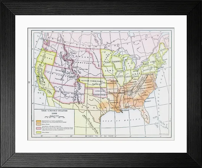 Framed Print : Map Of Slavery Distribution In The United States