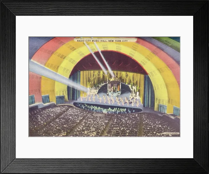 Framed Print : Vintage souvenir postcard, Radio City Music Hall, Rockefeller Center, NYC, New York, ca 1944 Framed Print : Vintage souvenir postcard, Radio City Music Hall, Rockefeller Center, NYC, New York, ca 1944