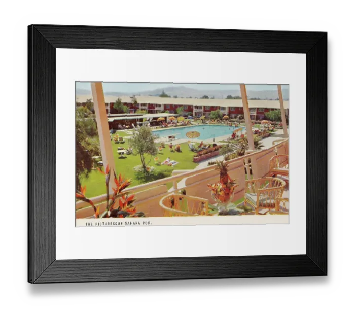 Framed Print : Vintage souvenir postcard, The Sahara Hotel and Casino Swimming Pool, Greetings from Las Vegas series, 1956 Framed Print : Vintage souvenir postcard, The Sahara Hotel and Casino Swimming Pool, Greetings from Las Vegas series, 1956