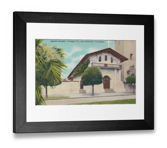 Framed Print : Vintage souvenir postcard, Mission Dolores, San Francisco, California, ca 1944