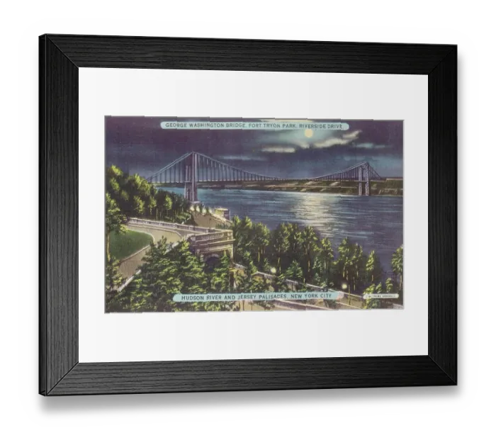 Framed Print : Vintage souvenir postcard, George Washington Bridge, NYC, New York, ca 1944 Framed Print : Vintage souvenir postcard, George Washington Bridge, NYC, New York, ca 1944