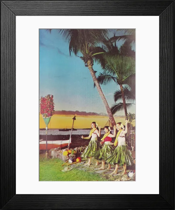Framed Print : Vintage souvenir postcard, Hula Dancers, Hawaii, 1951 Framed Print : Vintage souvenir postcard, Hula Dancers, Hawaii, 1951