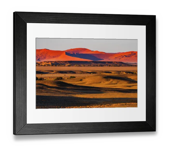 Framed Print : Characteristic red dunes of Sossusvlei area with sand and gravel plains in foreground, at dawn, Namib-Naukluft, Namibia