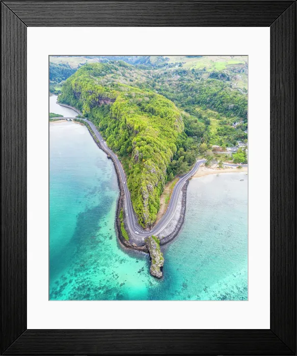 Framed Print : Maconde point along coastal road by the tuquoise sea, Mauritius Framed Print : Maconde point along coastal road by the tuquoise sea, Mauritius