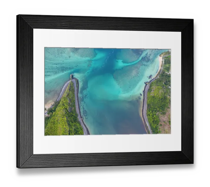 Framed Print : Coastal road along turquoise lagoon, aerial view, Baie Du Cap, Mauritius Framed Print : Coastal road along turquoise lagoon, aerial view, Baie Du Cap, Mauritius