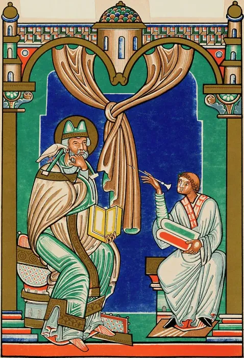 Framed Print : 12th-Century Illustration of Pope Gregory I Dictating Homilies Framed Print : 12th-Century Illustration of Pope Gregory I Dictating Homilies