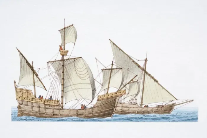 Framed Print : The 1492 ship Santa Maria and her sister ship Nina, side view