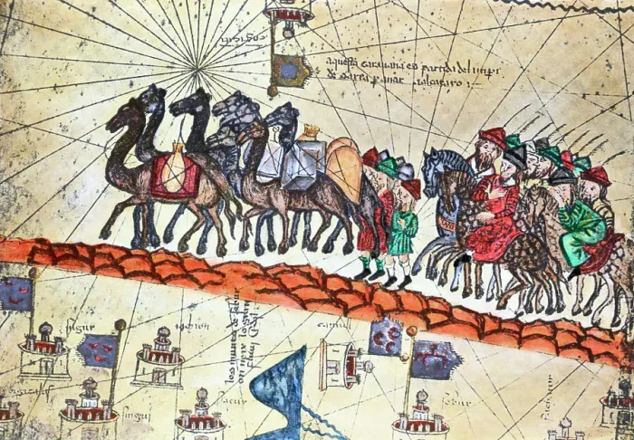 Framed Print : Detail of a 14th-Century Illuminated Map Depicting Niccolo & Maffeo Polo Framed Print : Detail of a 14th-Century Illuminated Map Depicting Niccolo & Maffeo Polo