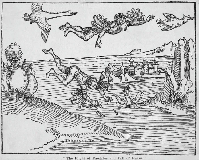Framed Print : 15th-Century Woodcut of the Flight of Daedalus and the Fall of Icarus Framed Print : 15th-Century Woodcut of the Flight of Daedalus and the Fall of Icarus