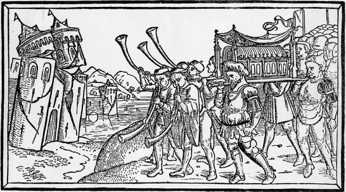 Framed Print : 15th-Century Woodcut of Joshua's Trumpeters Making the Walls Of Jericho Tumble Framed Print : 15th-Century Woodcut of Joshua's Trumpeters Making the Walls Of Jericho Tumble
