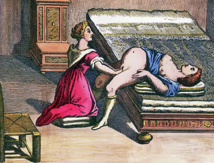 Framed Print : 17th-Century Woodcut of a Midwife Assisting in a Delivery Framed Print : 17th-Century Woodcut of a Midwife Assisting in a Delivery