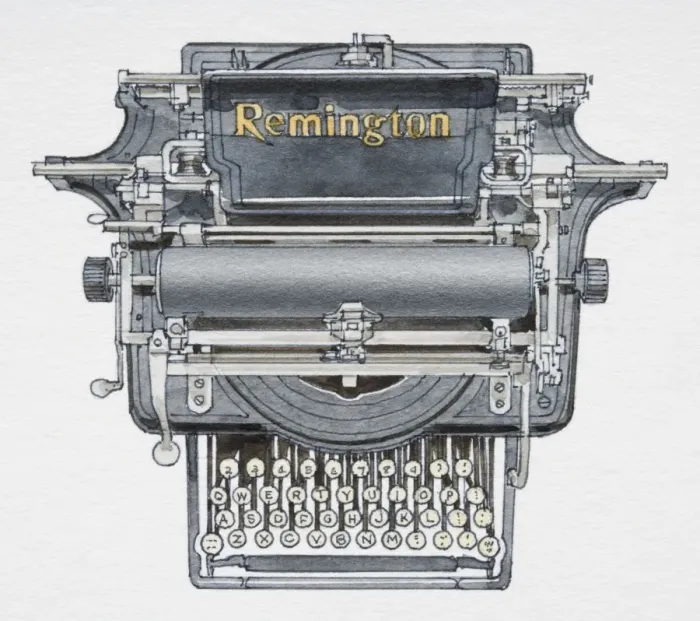 Framed Print : 1874 typewriter, front view Framed Print : 1874 typewriter, front view
