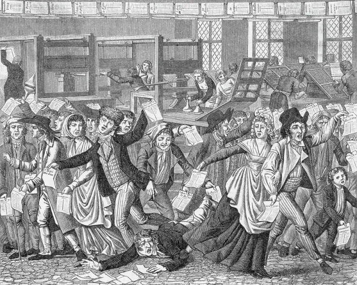 Framed Print : 18th-Century Cartoon of a Mob Storming a Printers Shop Framed Print : 18th-Century Cartoon of a Mob Storming a Printers Shop